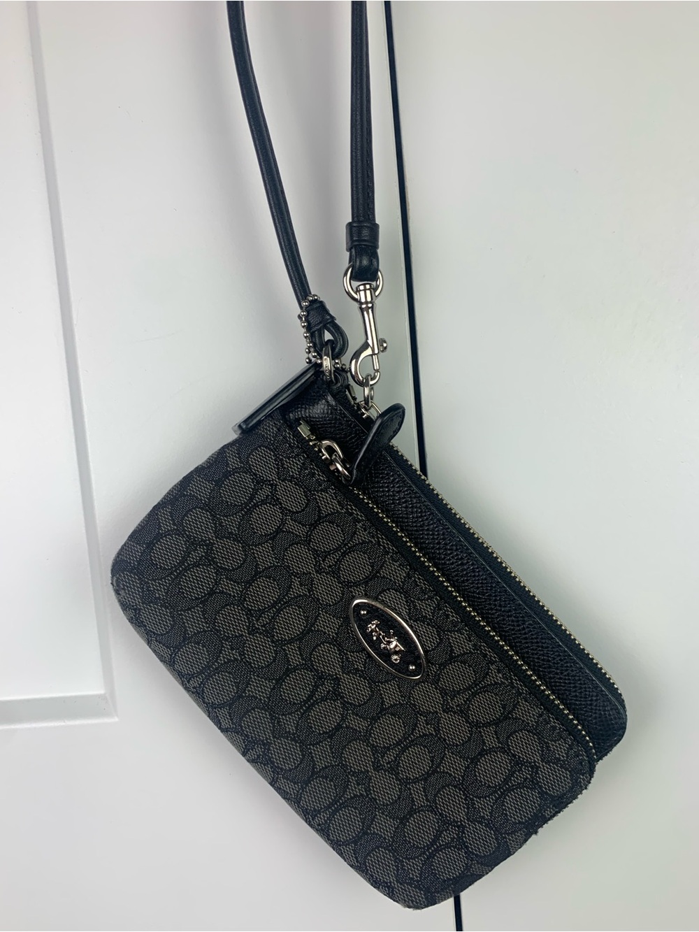 Coach Signature Monogram Coated Canvas Double Zip Wristlet Pouch Black Gray